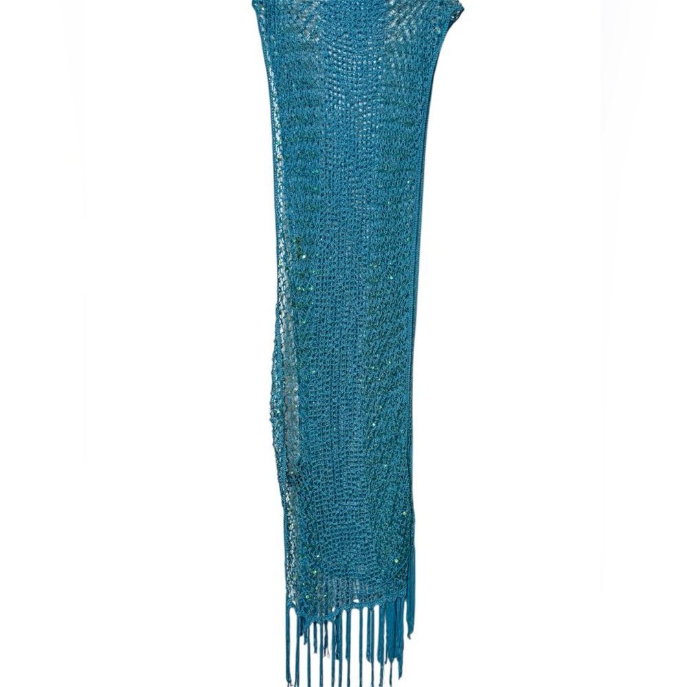 Aris A Long Teal Sparkle Fringe Scarf 90” x 12” 100% Rayon Textured Wrap Shawl